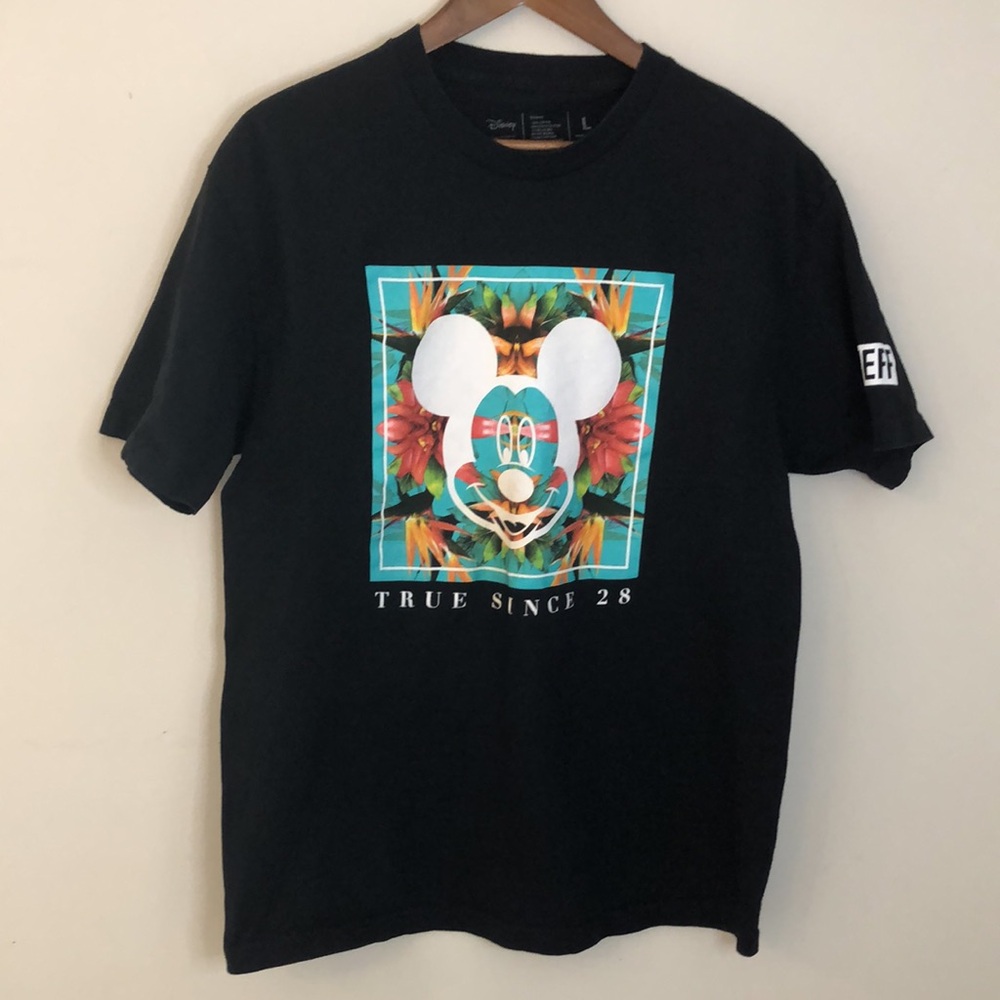 Disney Neff Colab Black 100% cotton T-Shirt Mickey & Tropical flowers SZ LG